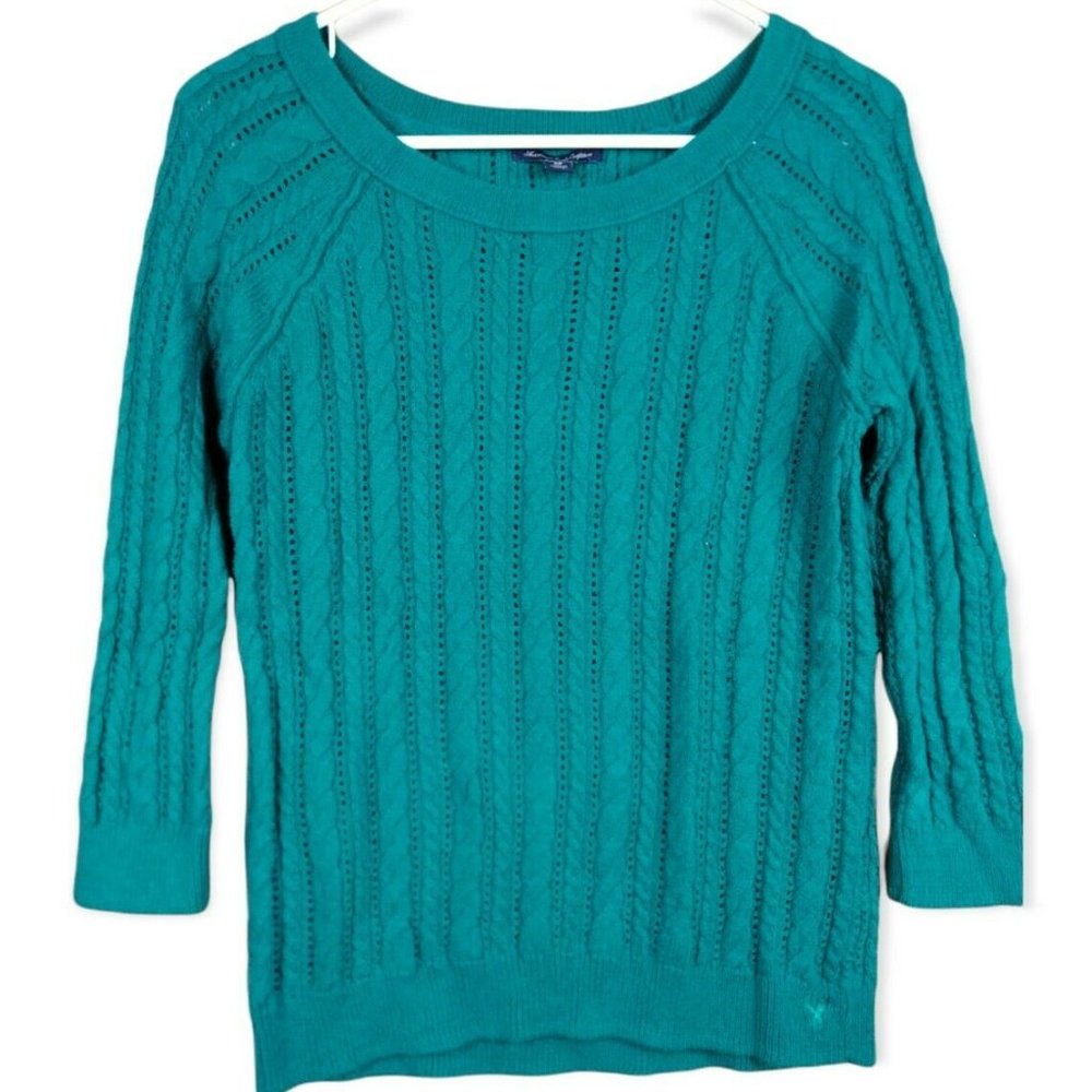 American Eagle - Crew Neck Open Knit Sweater Top Turquoise Green - Women's Small